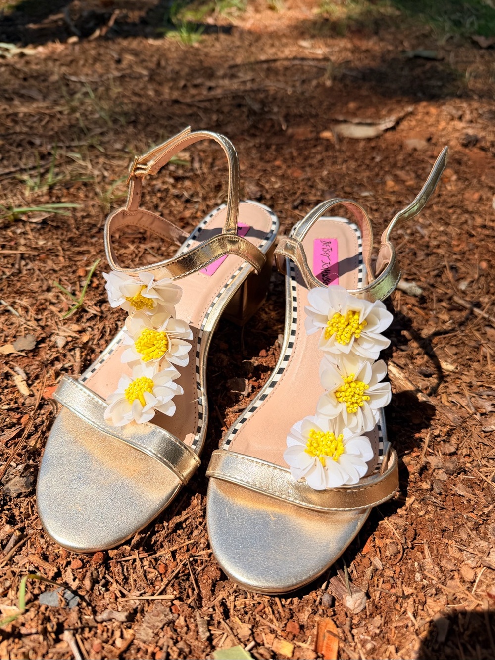 Betsey Johnson Gold Floral Strap Sandals with White & Yellow Appliqués